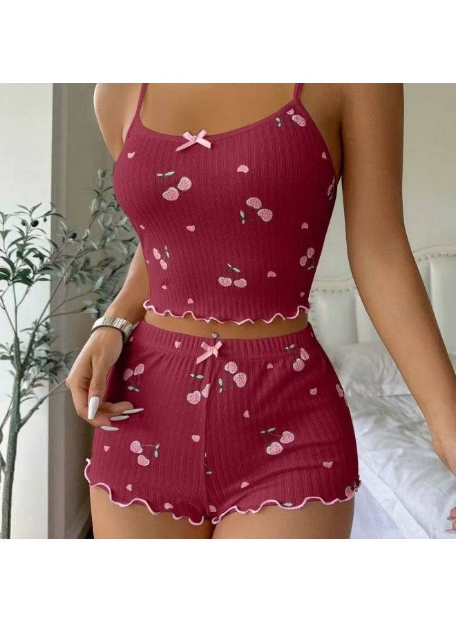 طقم بيجاما نسائي مطبوع عليه كرز لطيف، ملابس نوم نسائية - Image 2